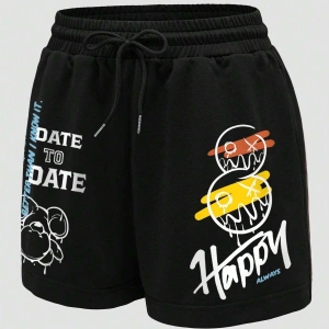 Coolane Cartoon & Slogan Graphic Drawstring Waist Şort