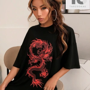 Coolane Çin Ejderha Grafikli Büyük Boy Longline Tişört