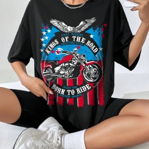 Coolane Motosiklet ve Slogan Grafikli Düşük Omuzlu Büyük Boy Tişört