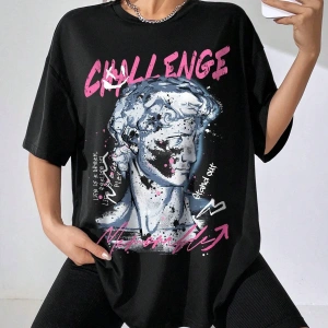 Coolane Şekil ve Harf Grafik Düşük Omuz Oversize Tişört