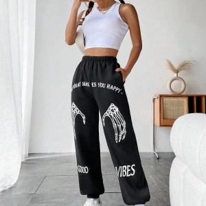 Coolane Skeleton Hand & Letter Graphic Elastic Waist 4 Mevsim Eşofman