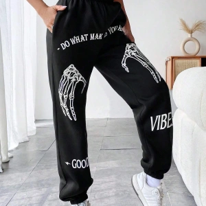 Coolane Skeleton Hand & Letter Graphic Elastic Waist 4 Mevsim Eşofman