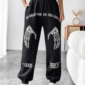 Coolane Skeleton Hand & Letter Graphic Elastic Waist 4 Mevsim Eşofman