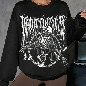 Coolane Skeleton & Letter Graphic Drop Shoulder Sweatshirt Siyah
