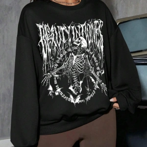 Coolane Skeleton & Letter Graphic Drop Shoulder Sweatshirt Siyah