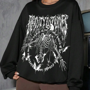 Coolane Skeleton & Letter Graphic Drop Shoulder Sweatshirt Siyah