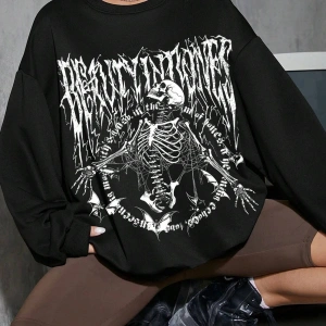Coolane Skeleton & Letter Graphic Drop Shoulder Sweatshirt Siyah