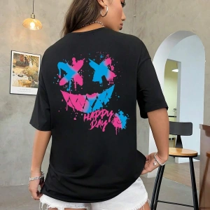 Coolane Yuvarlak Yaka Oversize Eğlenceli İfade Desenli Tişört