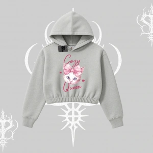 Cozy Queen Kedi Baskılı Kapşonlu Crop Sweatshirt