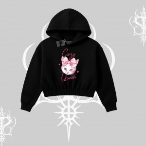 Cozy Queen Kedi Baskılı Kapşonlu Crop Sweatshirt