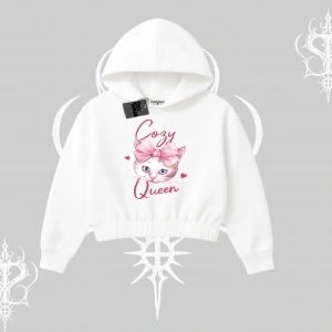 Cozy Queen Kedi Baskılı Kapşonlu Crop Sweatshirt