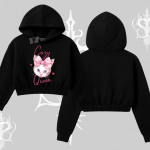 Cozy Queen Kedi Baskılı Kapşonlu Crop Sweatshirt