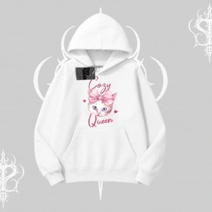 Cozy Queen Kedi Baskılı Kapşonlu Sweatshirt
