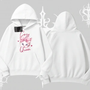 Cozy Queen Kedi Baskılı Kapşonlu Sweatshirt