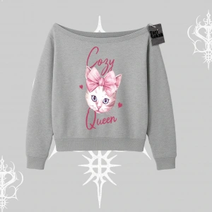 Cozy Queen Kedi Baskılı Kayık Yaka Sweatshirt