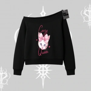 Cozy Queen Kedi Baskılı Kayık Yaka Sweatshirt