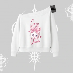 Cozy Queen Kedi Baskılı Kayık Yaka Sweatshirt