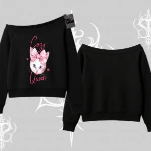 Cozy Queen Kedi Baskılı Kayık Yaka Sweatshirt