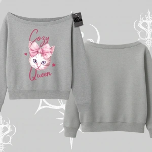 Cozy Queen Kedi Baskılı Kayık Yaka Sweatshirt