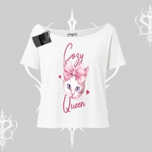 Cozy Queen Kedi Baskılı Kayık Yaka Tshirt