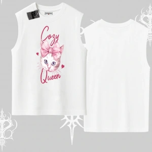 Cozy Queen Kedi Baskılı Kolsuz Tshirt