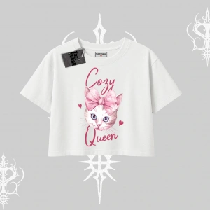 Cozy Queen Kedi Baskılı Oversize Crop Tshirt
