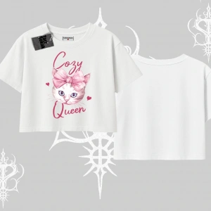 Cozy Queen Kedi Baskılı Oversize Crop Tshirt