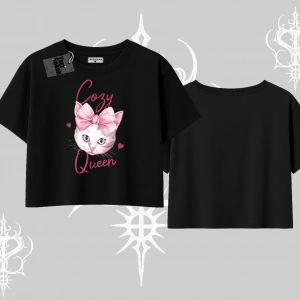 Cozy Queen Kedi Baskılı Oversize Crop Tshirt