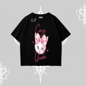 Cozy Queen Kedi Baskılı Oversize Tshirt