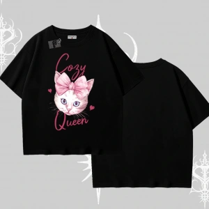Cozy Queen Kedi Baskılı Oversize Tshirt