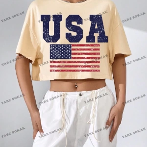 Crop CKOD-232913 Americana Bayrağı Baskılı Damla Omuz Kısa