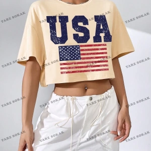 Crop CKOD-232913 Americana Bayrağı Baskılı Damla Omuz Kısa