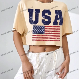 Crop CKOD-232913 Americana Bayrağı Baskılı Damla Omuz Kısa