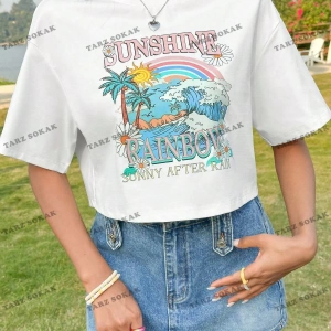 Crop CKOD-232913 Kadın Tropikal Mektup Baskılı Crop CKOD-232913 Top