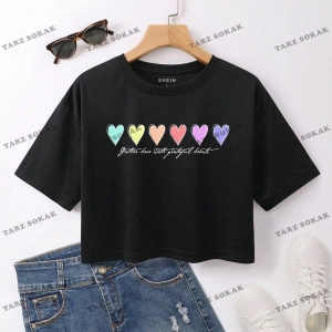 Crop CKOD-232913 Kalp ve Slogan Baskılı Kısa Kollu Kısa