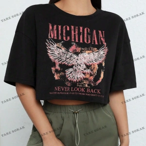 Crop CKOD-232913 Kartal ve Slogan Grafikli Düşük Omuz Kısa