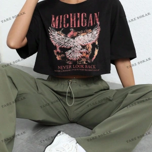 Crop CKOD-232913 Kartal ve Slogan Grafikli Düşük Omuz Kısa