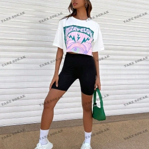 Crop CKOD-232913 Mektup Grafikli Düşük Omuz Kısa