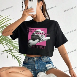 Crop CKOD-232913 Şekil ve Harf Grafik Düşük Omuz Kısa