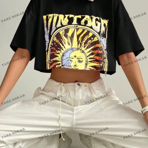 Crop CKOD-232913 Sun & Letter Grafikli Düşük Omuz Kısa