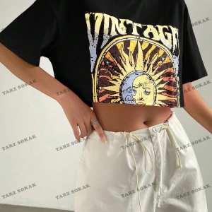 Crop CKOD-232913 Sun & Letter Grafikli Düşük Omuz Kısa