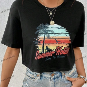 Crop CKOD-232913 Tropikal ve Harf Grafikli Düşük Omuz