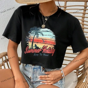 Crop CKOD-232913 Tropikal ve Harf Grafikli Düşük Omuz