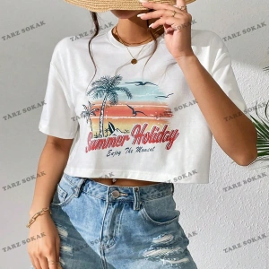 Crop CKOD-232913 Tropikal ve Harf Grafikli Düşük Omuz