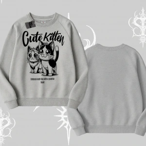 Cute Kitten Yazılı Sevimli Kedi Baskılı Biskilet Sweatshirt