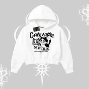 Cute Kitten Yazılı Sevimli Kedi Baskılı Kapşonlu Crop Sweatshirt