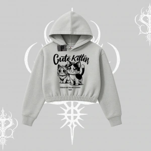 Cute Kitten Yazılı Sevimli Kedi Baskılı Kapşonlu Crop Sweatshirt