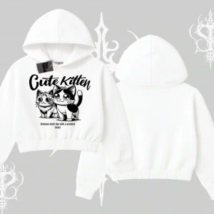 Cute Kitten Yazılı Sevimli Kedi Baskılı Kapşonlu Crop Sweatshirt