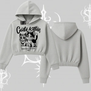 Cute Kitten Yazılı Sevimli Kedi Baskılı Kapşonlu Crop Sweatshirt
