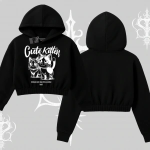 Cute Kitten Yazılı Sevimli Kedi Baskılı Kapşonlu Crop Sweatshirt